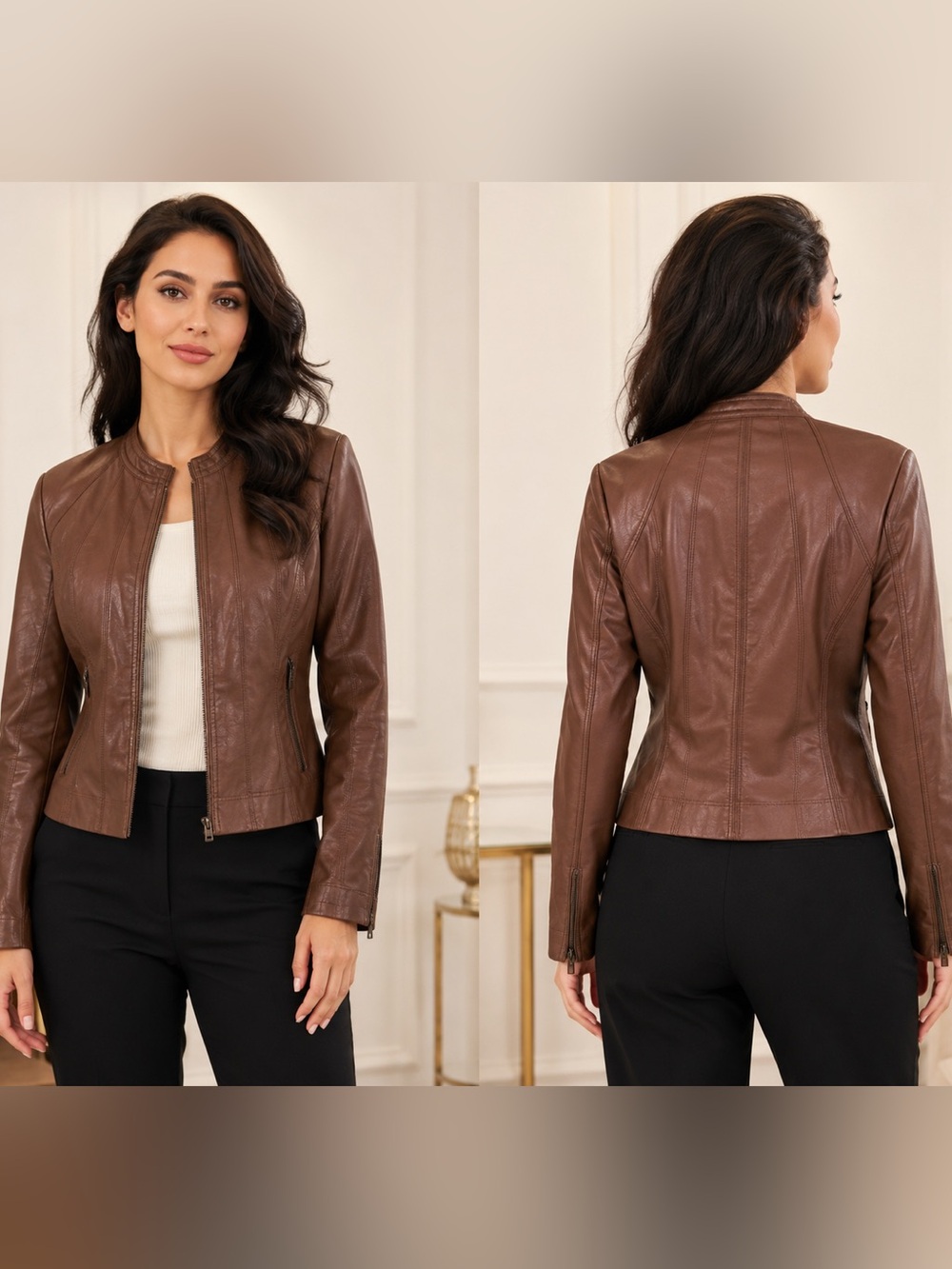 Ashley Outerwear Women’s Brown Faux Leather Moto Jacket Size L Zip Pockets